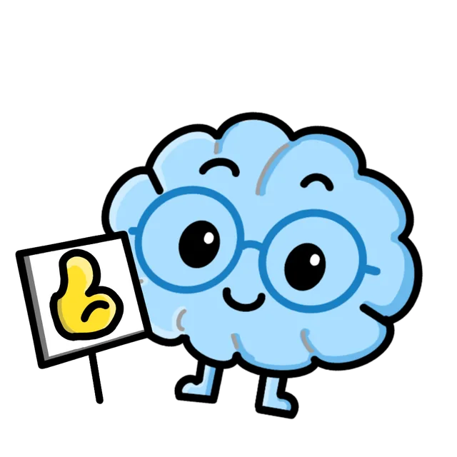 Brainy hält ein Schild mit Daumen hoch